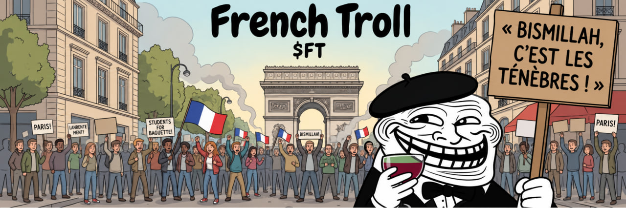 French Troll raising a glass in a cartoon Paris street scene at the Arc de Triomphe.